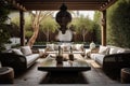 luxurious outdoor room with plush furnishings and water feature on deck