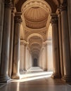 Luxurious palace interior features marble columns, arches. Sunlight streams down corridor. Classical architectural design creates Royalty Free Stock Photo
