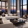 A luxurious penthouse living room overlooking a city skyline, adorned with modern art pieces5 Royalty Free Stock Photo