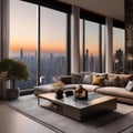 A luxurious penthouse living room overlooking a city skyline, adorned with modern art pieces3 Royalty Free Stock Photo