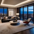 A luxurious penthouse living room overlooking a city skyline, adorned with modern art pieces1 Royalty Free Stock Photo