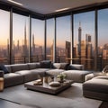 A luxurious penthouse living room overlooking a city skyline, adorned with modern art pieces2 Royalty Free Stock Photo