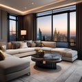 A luxurious penthouse living room overlooking a city skyline, adorned with modern art pieces4 Royalty Free Stock Photo