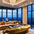 A luxurious, penthouse living room with panoramic city views, plush velvet sofas, and a grand piano3, Generative AI Royalty Free Stock Photo