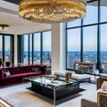 A luxurious, penthouse living room with panoramic city views, plush velvet sofas, and a grand piano2, Generative AI Royalty Free Stock Photo