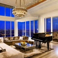 A luxurious, penthouse living room with panoramic city views, plush velvet sofas, and a grand piano4, Generative AI Royalty Free Stock Photo