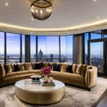 A luxurious, penthouse living room with panoramic city views, plush velvet sofas, and a grand piano1, Generative AI Royalty Free Stock Photo