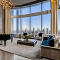 A luxurious, penthouse living room with panoramic city views, plush velvet sofas, and a grand piano5, Generative AI Royalty Free Stock Photo