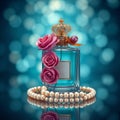 A luxurious perfume bottle with a crown cap, adorned with pink roses and surrounded by a string of pearls Royalty Free Stock Photo