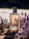 Luxurious perfume bottle mockup, exquisite perfume commercial with lavender flowers and rich rextures in studio Royalty Free Stock Photo
