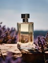 Luxurious perfume bottle mockup, exquisite perfume commercial with lavender flowers and rich rextures in studio Royalty Free Stock Photo