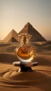 Luxurious Perfume Bottle Shines Against Desert Pyramids Royalty Free Stock Photo
