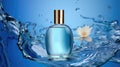 Luxurious perfume bottle, Vector illustration of a realistic style perfume in a glass bottle on a blue background with water Royalty Free Stock Photo