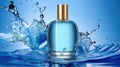 Luxurious perfume bottle, Vector illustration of a realistic style perfume in a glass bottle on a blue background with water Royalty Free Stock Photo