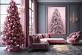 A luxurious pink Christmas tree with gifts in a stylish gray pink living room. The interior of a winter holiday Royalty Free Stock Photo