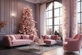 A luxurious pink Christmas tree with gifts in a stylish gray pink living room. The interior of a winter holiday Royalty Free Stock Photo