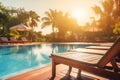 Luxurious poolside relaxation with a lounger at a resort, summertime concept