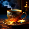 A Luxurious Porcelain Cup, Ornamented with Gold, Enveloped in a Delicate Vapor of Steam from the Heavenly Brewed Coffee