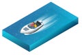A luxurious powerboat with man and woman cruising through beautiful blue waters. Flat 3d vector isometric illustration