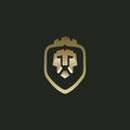 Luxurious premium gold crown Lion face logo template with shield shaped beard Royalty Free Stock Photo