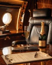Luxurious private jet interior with champagne bottle on table and leather seat by window. Royalty Free Stock Photo