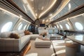 A luxurious private jet interior with cream sofas and wood finishes radiates a calm, opulent atmosphere, ideal for
