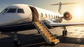 Luxurious Private Jet Parked at Terminal with Stairs Ready for Boarding, Generative AI