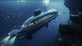 Luxurious private submarine exploring the deep ocean with fish swim alongside