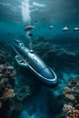 Luxurious private submarine exploring the deep ocean with fish swim alongside