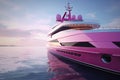 Luxurious private yacht in pink color. Princess girl life style. Travel by water. Generative Ai