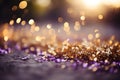 Luxurious purple violet and gold glitter bokeh background with mesmerizing shining texture