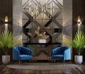 Luxurious reception hall design with a blue armchair and console and a wall of mirrors with marble light wood and palm trees Royalty Free Stock Photo