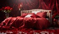 Luxurious Red Bedroom with Velvet Bedding and Roses,romantic bedroom,Romantic background, Generated AI Royalty Free Stock Photo