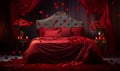 Luxurious Red Bedroom with Velvet Bedding and Roses,romantic bedroom,Romantic background, Generated AI Royalty Free Stock Photo