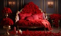 Luxurious Red Bedroom with Velvet Bedding and Roses,romantic bedroom,Romantic background, Generated AI Royalty Free Stock Photo