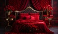 Luxurious Red Bedroom with Velvet Bedding and Roses,romantic bedroom,Romantic background, Generated AI Royalty Free Stock Photo