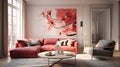 Luxurious Red Floral Painting In Vray Traced Living Room