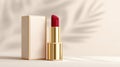 Luxurious red lipstick in elegant gold packaging sits beside a minimalist box, casting soft shadows on a light background, Royalty Free Stock Photo