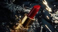 Red Lipstick in Water Splash, Luxury Cosmetics, Makeup Beauty Product Royalty Free Stock Photo