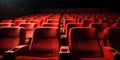 Luxurious Red Movie Theater Seats in a Dimly Lit Empty Cinema. Velvet Theater Seats in Rows. Generative AI Royalty Free Stock Photo