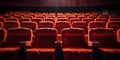 Luxurious Red Movie Theater Seats in a Dimly Lit Empty Cinema. Velvet Theater Seats in Rows. Generative AI Royalty Free Stock Photo