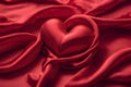 Luxurious red satin heart on silk fabric background. Royalty Free Stock Photo