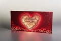 A luxurious red Valentine\'s Day card, adorned with intricate lace patterns along the edges.