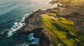 Luxurious resort golf course nestled by the ocean, offering unparalleled views and relaxation, Ai Generated Royalty Free Stock Photo