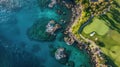 Luxurious resort golf course nestled by the ocean, offering unparalleled views and relaxation, Ai Generated Royalty Free Stock Photo