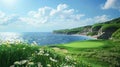 Luxurious resort golf course nestled by the ocean, offering unparalleled views and relaxation, Ai Generated Royalty Free Stock Photo