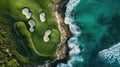 Luxurious resort golf course nestled by the ocean, offering unparalleled views and relaxation, Ai Generated Royalty Free Stock Photo