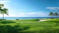 Luxurious resort golf course nestled by the ocean, offering unparalleled views and relaxation, Ai Generated Royalty Free Stock Photo