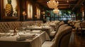 Luxurious restaurant interior with elegant table settings.- AI Generated Royalty Free Stock Photo