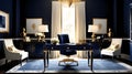 Luxurious Retreat: Home Office with Midnight Blue, Elegant Ivory, and Accents of Sumptuous Gold